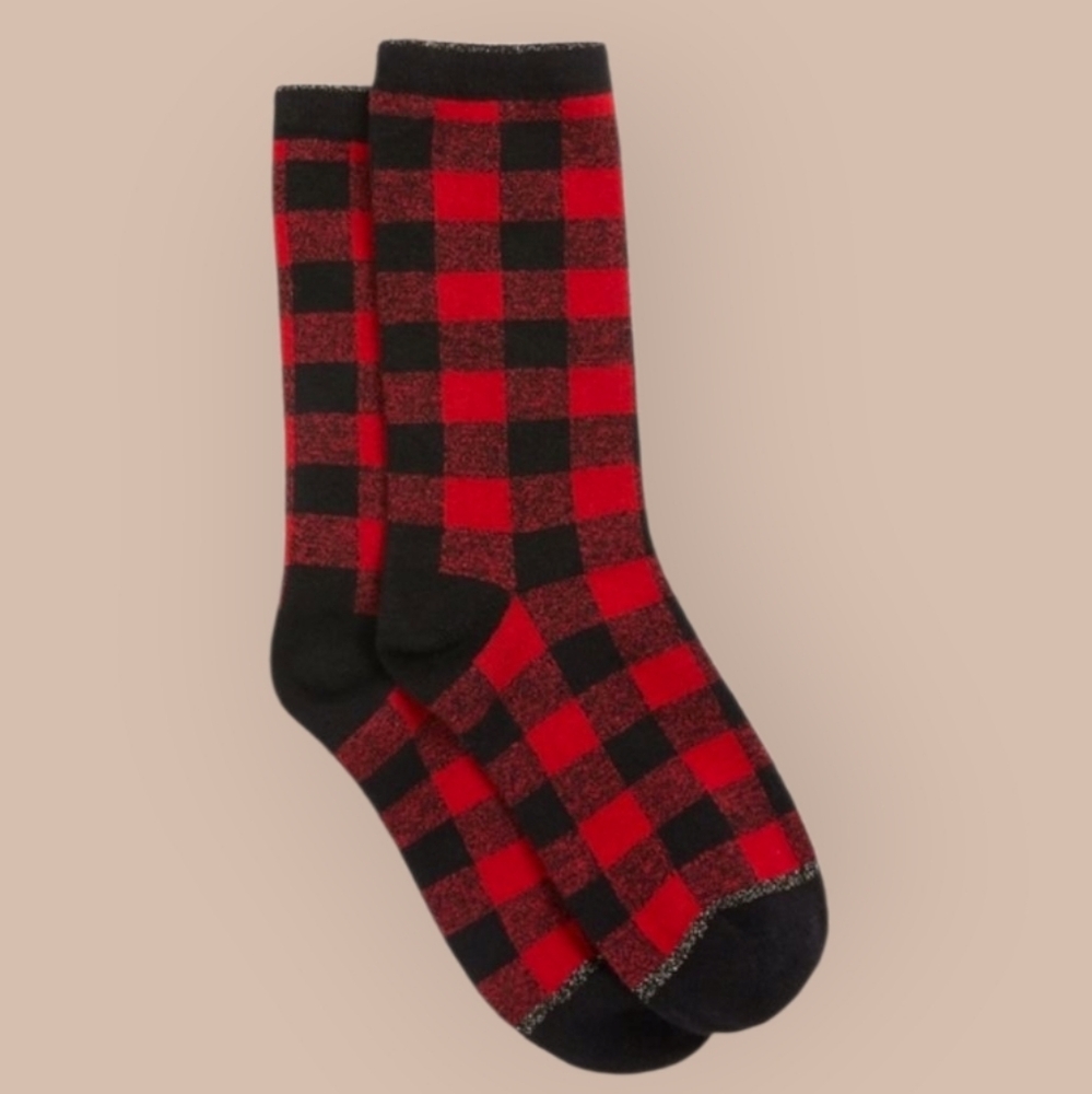 maurices buffalo plaid cotton blend Red & Black crew socks one size
